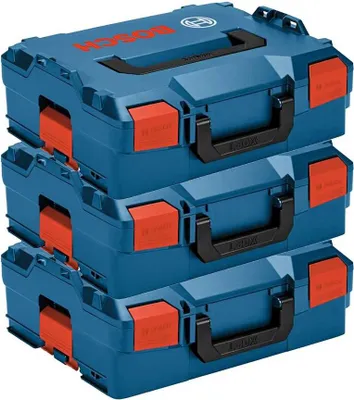 Three stacked blue toolboxes with orange latches and black handles.