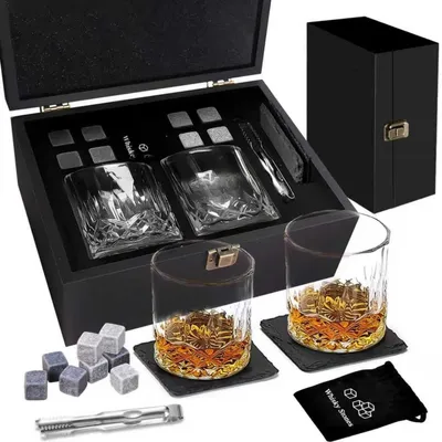 Immagine prodotto di Set regalo per bicchieri da whisky in cristallo, con cubetti di ghiaccio in granito, confezione da 2, scatola in legno