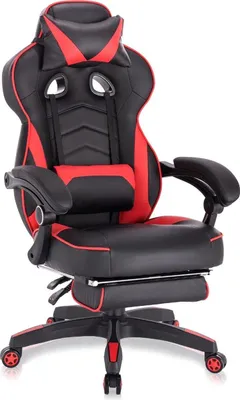 Zdjęcie produktu dla Fotel gamingowy czarny – ergonomiczny – regulowany – z podnóżkiem