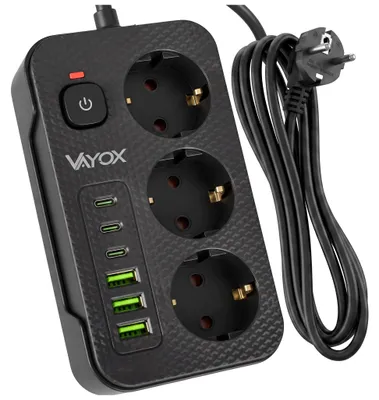 Produktbild von Vayox Steckdosenleiste 3-Fach Schuko 3m Schwarz | Mehrfachsteckdose mit 3x USB-C 3x USB-A 2.1A | 2500W Mehrfachstecker mit Schalter Schuko