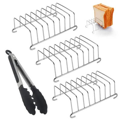 Image de 3 supports en acier inoxydable pour toasts, avec pince à nourriture