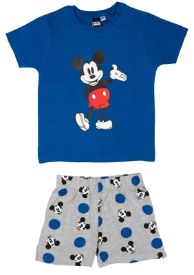 Produktbild von Disney Mickey Mouse Schlafanzug für Jungen Kinder Pyjama Set Kurzarm Oberteil mit Hose Blau/Grau 110-116