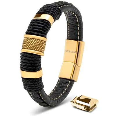 Obrázek produktu pro SERASAR | Pánský Kožený Náramek [Ring] z Stainless Steel | Barva: Zlato | Délka: 23cm