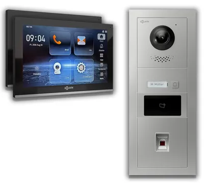 Produktbild von Goliath IP Video Türsprechanlage mit Kamera 10-Zoll Fingerprint RFID Silber : 2 Monitore : 10 Zoll Schwarz : Unterputzdose Monitor Anzahl: 2 Monitore Monitor Farbe: 10 Zoll Schwarz Montage: Unterputzdose