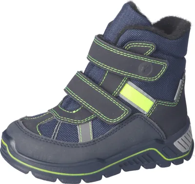 A single blue children's boot with neon green accents and reflective details, shown against a white background.