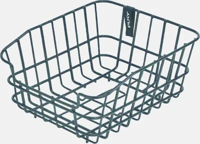 A black wire basket for a bicycle.