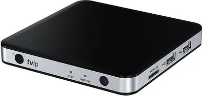 A black and silver TVIP S-BOX v.530 4K UHD IPTV/OTT MULTIMEDIA PLAYER is shown from a diagonal angle on a white background.