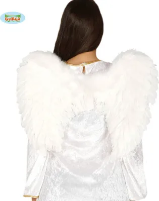 Back view of a person wearing white angel wings.