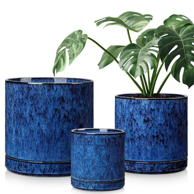 Image de Pot de fleurs en faïence vancasso, lot de 3 pots avec soucoupes pour plantes succulentes et plantes vertes, ronds, bleus