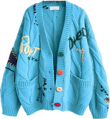 Produktbild von ASKSA Damen Strickjacke mit Zopfmuster Lose Laessige Strickjacken V-Ausschnitt Casual Stickerei Knopf Strickpulli Pullover,Hellblau