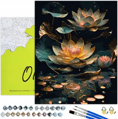 Produktbild von Oh Art! Malen nach Zahlen Erwachsene Kinder Blumen 40x50 cm – Lotus Motiv auf Schwarzem Leinwand mit Goldener Acrylfarbe Set mit Rahmen und 3 Pinseln