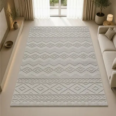 Image de Tapis moderne à boucles et motifs en relief, couleur beige - Dimensions : 160 x 220 cm