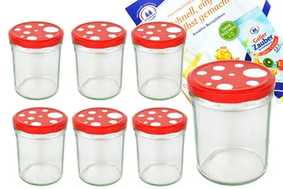 Image de lot de 6 pots 435 ml To 82 Fliegenpilz Couvercle rouge blanc à pois avec livret de recettes Diamant Gelierzauber
