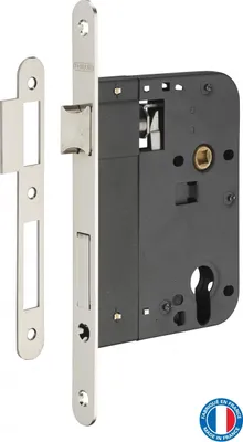 Image de Boitier de serrure encastrable à cylindre pour porte d'entrée, axe 80mm, bouts ronds, nickelé - THIRARD