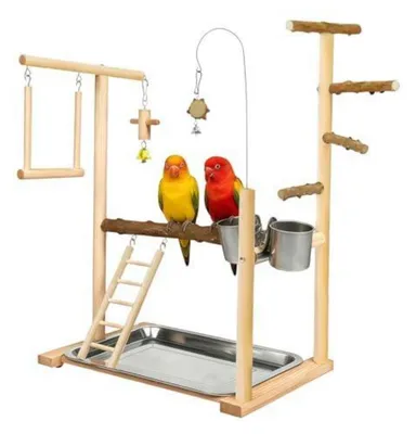 Produktbild von Vogelspielplatz Holz für Wellensittich Nymphensittich Kanarienvogel 49x35x23cm mit Futterautomat Glocken