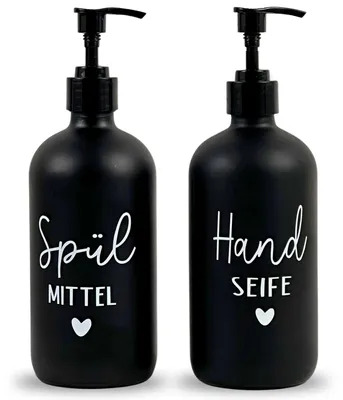 Produktbild von Seifenspender aus Glas, 500 ml – Schwarzer Pumpspender, Spülmittelspender für die Küche. Handseifenspender für das Badezimmer (schwarz, Spülmittel + Handseife)