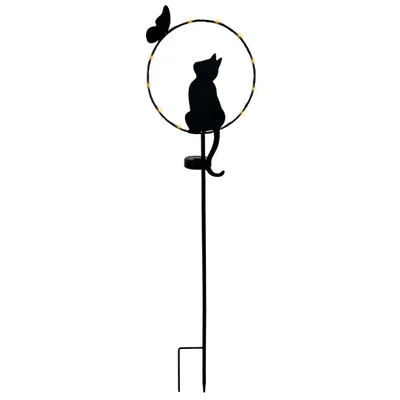 A black silhouette of a cat sitting inside a circular frame with a butterfly above it, mounted on a stake with a solar panel at the base.