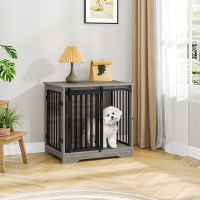 Imagen del producto de Jaula para perros de 2 puertas, color marfil claro, 69 cm, madera, para uso interior, mueble para perros