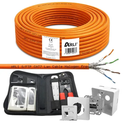 Produktbild von ARLI Cat7 50 m Verlegekabel S/FTP PIMF halogenfrei + Cat6a Netzwerkdose + Crimpzange LSA Netzwerktester Abisoliermesser Werkzeugtasche