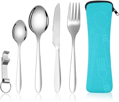 Image de Set de couverts de camping 5 pièces - Set de couverts en acier inoxydable avec décapsuleur - Set de couverts de voyage cuillère, couteau et fourchette - Camping, pique-nique, bureau, déjeuner à l'école - Bleu