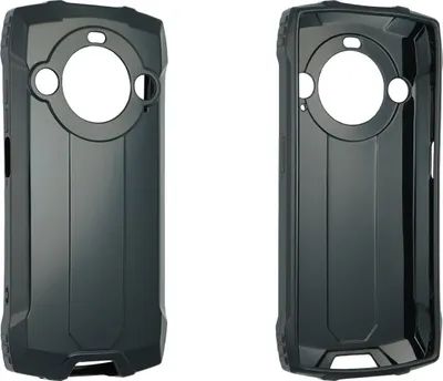 Two black phone cases shown from different angles against a white background.