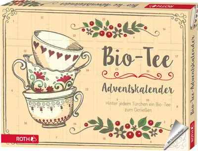 A festive advent calendar box designed for tea, featuring illustrations of teacups and decorative elements.