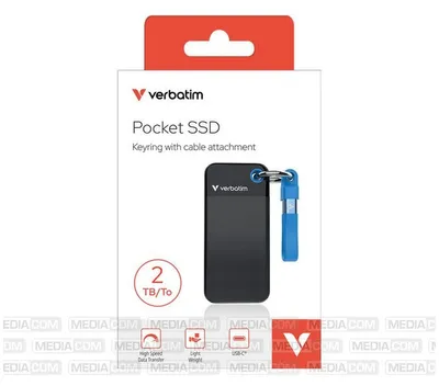 Produktbild von Verbatim Pocket SSD, 2 TB, USB Typ-C, 3.2 Gen 2 (3.1 Gen 2), 1000 MB/s, 10 Gbit/s, Schwarz, Blau