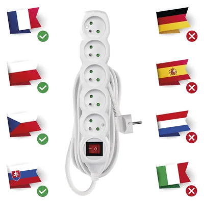 Prodlužovací kabel 5 m / 5 zásuvek / s vypínačem / bílý / PVC / 1,5 mm2