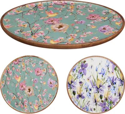 Produktbild von Dekoteller EH aus Holz und Emaille, natur, multicolor Blumenmuster, Ø30cm, nicht für Lebensmittel geeignet