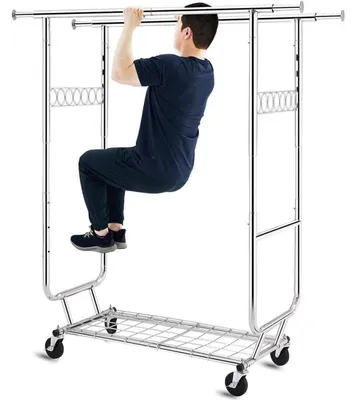 Image de Porte-vêtements double sur roulettes, extensible, avec hauteur réglable, capacité de charge jusqu'à 272 kg, en métal, finition chromée, longueur de 128 à 188 cm