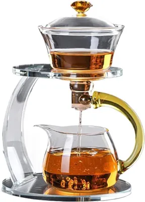 Imagen del producto de Tetera magnética, juego de té de vidrio semiautomático, juego de té de vidrio estilo "Kung Fu" para personas que buscan comodidad, juego de té de vidrio, juego de tetera de vidrio resistente al calor, con asa dorada