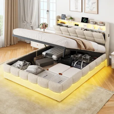 Obrázok produktu pre REMZETTA čalúnená posteľ 140 x 200 cm s úložným priestorom, roštom, RGB LED osvetlením, USB a USB-C portami, potiahnutá plyšovou látkou, s úložným priestorom v čelnej časti, farba béžová, vhodná pre tínedžerov