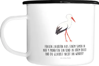 Produktbild von Mr. & Mrs. Panda Teetasse Storch - Weiß - Geschenk, Mutter, Camping Tasse, Emaille, Haferl, Lustige Sprüche, Baby, Große, Geburt, Mütter, Schwangerschaft, Pott, Störche