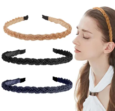Image de Ensemble de 3 accessoires pour cheveux : serre-têtes tressés ornés de perles, couleurs bleu, noir et or