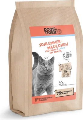Produktbild von Dogs’n Tiger Adult Premium Katzenfutter, Trockenfutter, Getreidefrei, Schlemmermäulchen, Truthahn & Lachs, 1,5kg