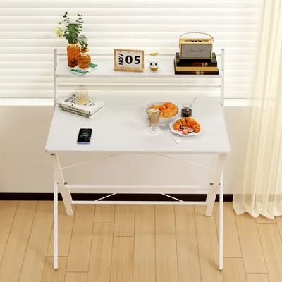 Image de Table d'ordinateur Pliable avec étagère pour la maison et le bureau 50x80x75cm Blanc