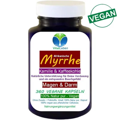 Produktbild von Myrrhe Kamille Kaffeekohle Vegan 360 Pulver Kapseln pflanzlich nach Ayurveda & Hildegard von Bingen Natur pur ohne Zusatzstoffe