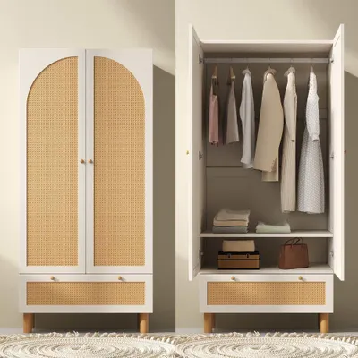 Produktbild von Weißer Landhausstil Kleiderschrank mit 2 Türen & Rattan, große Schublade, höhenverstellbare Regale & Kleiderstange inkl. Kippsicherung, 180x85x52 cm