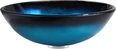 A blue and black glass sink on a white background.