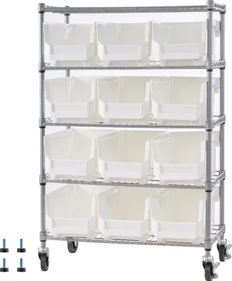 Obrázok produktu pre SucceBuy podlahové regály s 5 úrovňami a 12 stohovacími boxmi, regálový systém s kolieskami, mobilné skladovacie riešenie pre garáž, sklad, kanceláriu, reštauráciu, triedu a kuchyňu
