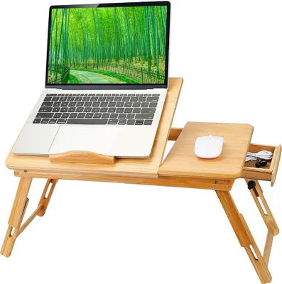 Image de Table d'ordinateur portable en bambou Plateau de lit avec rabat de lecture Table pliante avec plateau de souris Réglable en hauteur