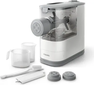 A white and gray Philips automatic pasta maker with accessories.