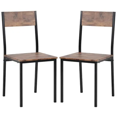 Two chairs with wooden seats and backs and black metal frames are shown against a white background.