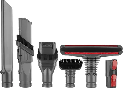 A collection of vacuum cleaner attachments displayed against a white background.