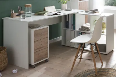 Produktbild von Eckschreibtisch Büro inkl. Rollcontainer BRAGA-80 in weiß mit Wildeiche Nb., B/H/T: ca. 150/73,6/121,6