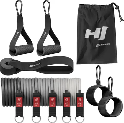 Obrázek produktu pro Hop-Sport Resistance Bands HS-R060RT, posilovací gumy - silový trénink a fitness, 4,6-22,8 kg, 5 expandérů, 2 rukojeti, 2 manžety na nohy, 1 kotva na dveře