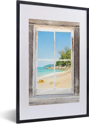 Produktbild von MuchoWow® Gerahmtes Poster Durchblick - Strand - Holz 40x60 cm - Poster mit Schwarzem Bilderrahmen Wandposter Rahmen Foto Bilder - Poster in Rahmen