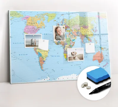 Produktbild von Magnetpinnwand Memoboard - Zubehörsatz - Schwarzer Marker + Schwamm + Magnete - 90 x 60 cm - Politische Weltkarte