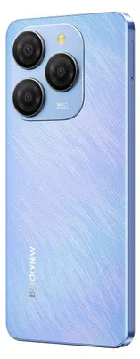 A close-up, angled view of the back of a blue smartphone.