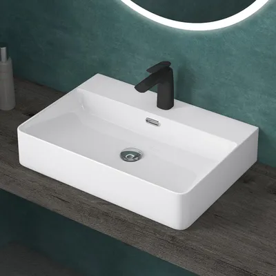 Immagine prodotto di doporro Lavabo da Appoggio Lavandino Sospeso Bagno Rettangolare 60 cm in Vetroceramica Bianco Lucido con Foro per Rubinetto e Troppopieno - Meissen201